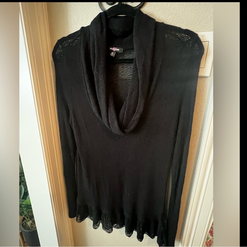 Ransom Black Cowl Neck Lace Hem Sweater Tunic Medium Boho Romantic - Picture 4 of 7